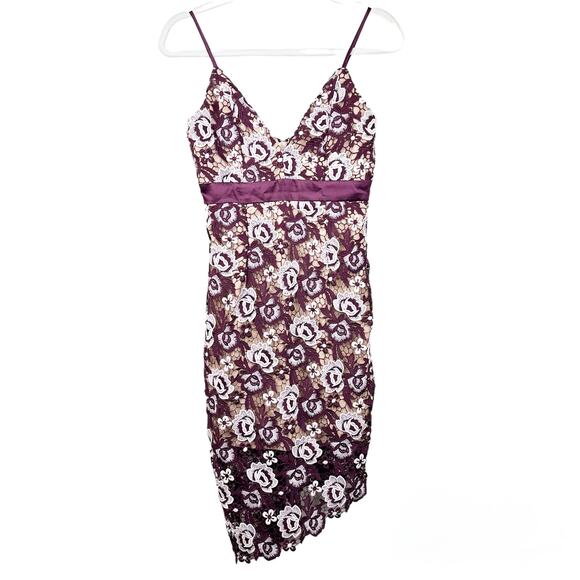Bardot NWOT Dahlia Purple Lace Asymmetrical Cocktail Silhouette Sheath Dress - Picture 2 of 7